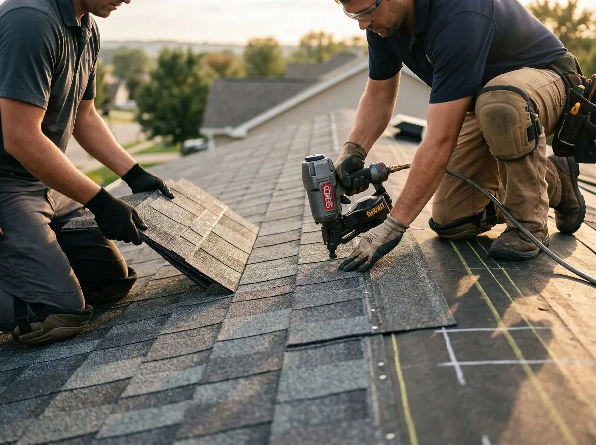 Professional roofer working on a residential roof in Haledon
